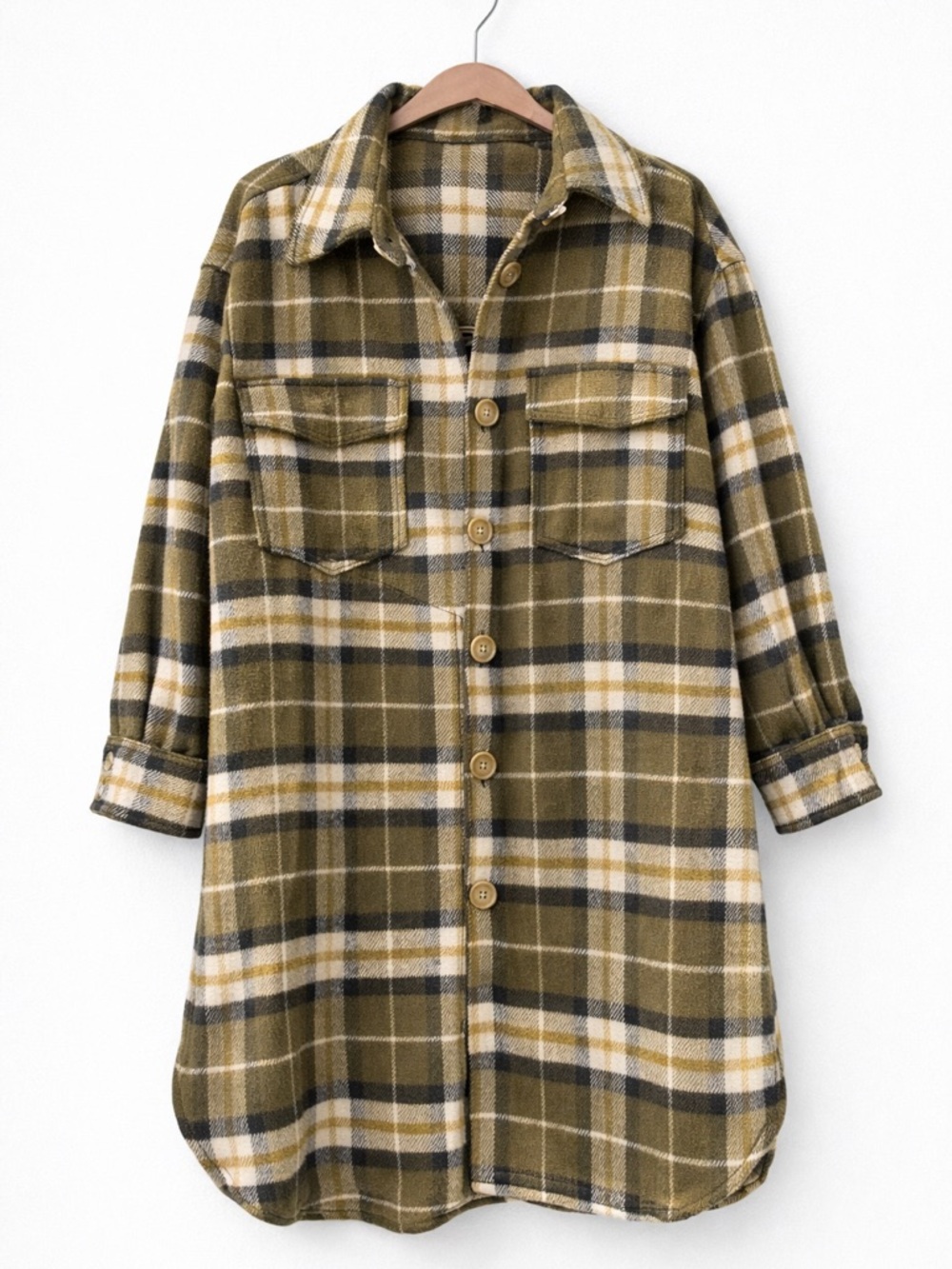 H&M Olive Plaid Utility Shacket with White & Navy Stripes